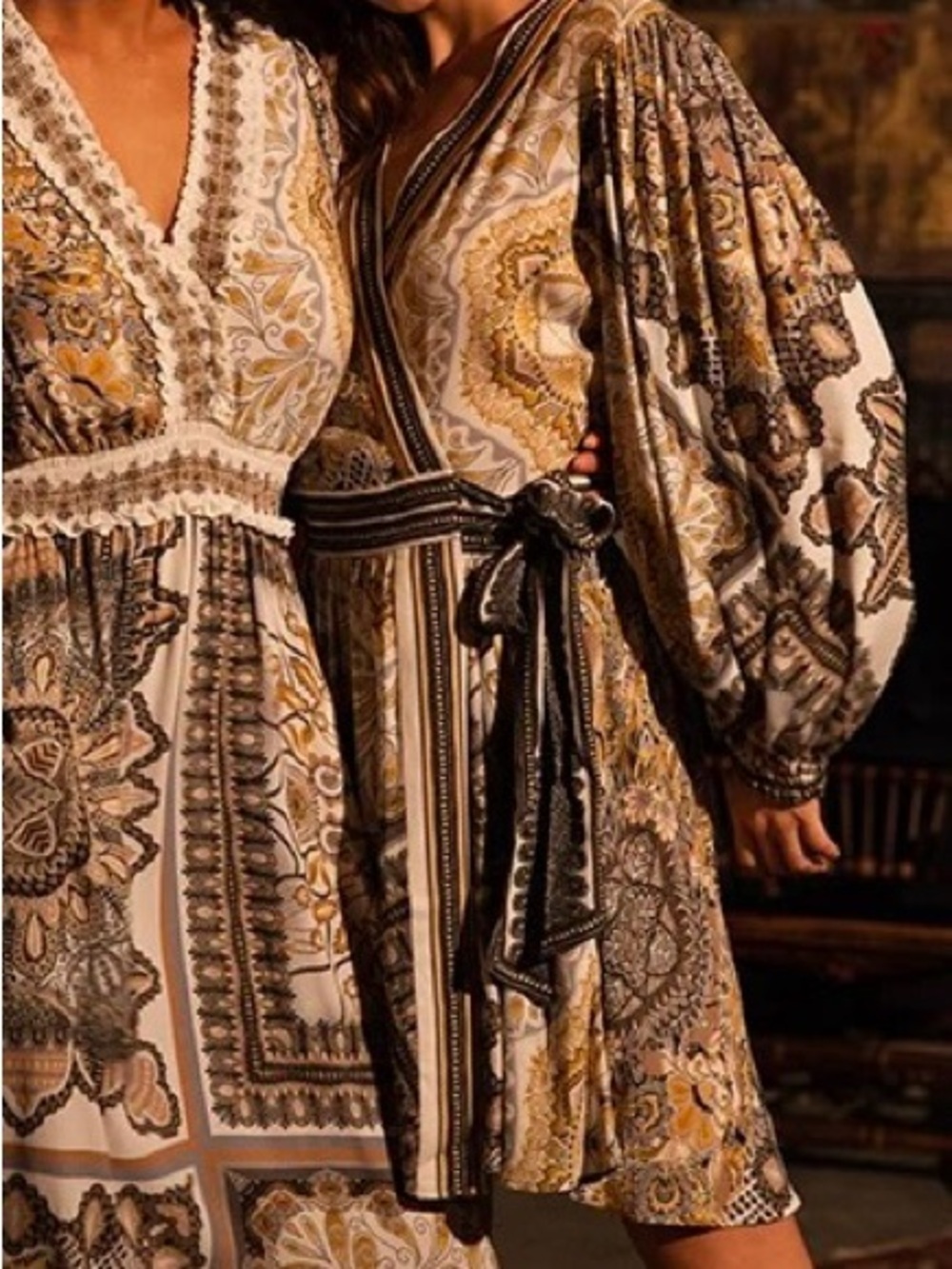 Hale Bob Long-Sleeve Paisley Wrap Dress in Gold and Cream